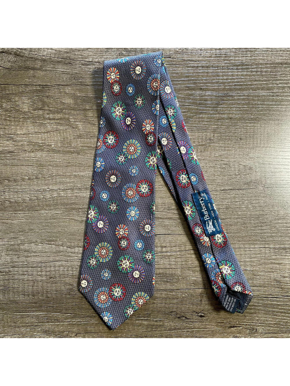 Vintage Burberry Tie Sunburst Celestial Sun Face Silk Necktie Made in Italy